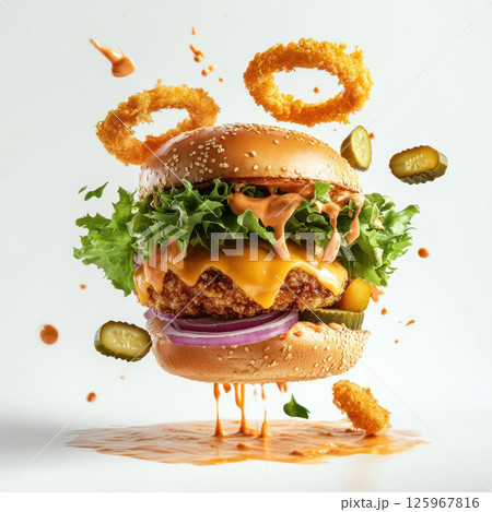 Delicious burger with cheddar cheese, crispy onion rings, and fresh lettuce, suspended mid air against white background, showcasing vibrant colors 125967816