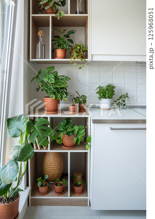 Home kitchen interior with green plants epipremnum, monstera, pilea, dischidia, philodendron 125968051