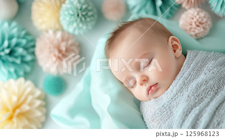 peaceful sleeping baby wrapped in soft blanket surrounded by pastel decorations 125968123