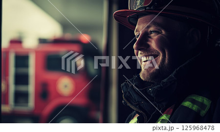 cheerful firefighter smiling warmly in firehouse, with red fire truck visible in background 125968478