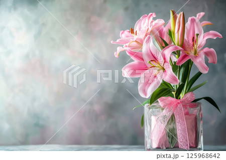 Beautiful pink lilies in clear vase with soft ribbon, perfect for romantic theme 125968642