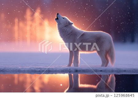 Majestic white wolf howling by frozen lake, glowing sunset and snowflakes create serene, mystical atmosphere 125968645