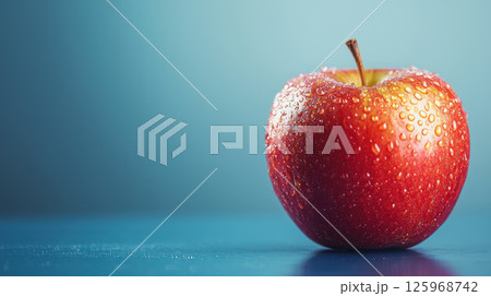 fresh red apple with water droplets on its surface sits on blue background, symbolizing health and well being with vibrant and refreshing appeal 125968742