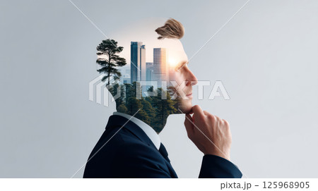 Silhouette of thoughtful man filled with trees, urban buildings, and sunlight, symbolizing environmental awareness business 125968905