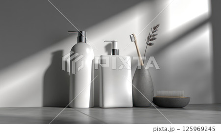 Minimalist bathroom essentials with soap dispensers, toothbrush, and decor soft lighting, promoting clean and modern 125969245
