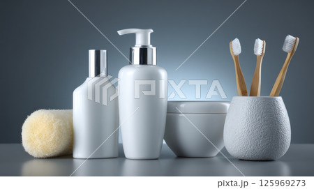Clean dental hygiene products with white background and shadows, bright and professional lighting 125969273