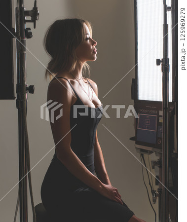 woman black dress sits gracefully studio setting, illuminated by soft lighting equipment, creating serene and elegant 125969279