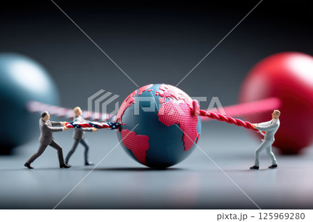 symbolic depiction of trade war tensions between USA and China, represented by figures pulling rope tied around globe 125969280