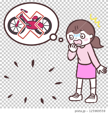Illustration of a woman who lost her bicycle Illustration of a woman who lost her bicycle 125969559