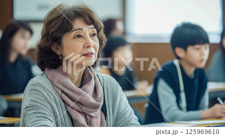 室で学ぶ穏やかなシニア女性の柔和な表情 125969610