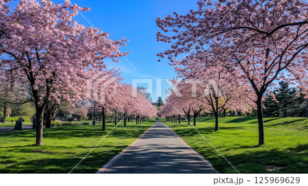 真っ直ぐに続く桜並木と穏やかな春の午後 125969629