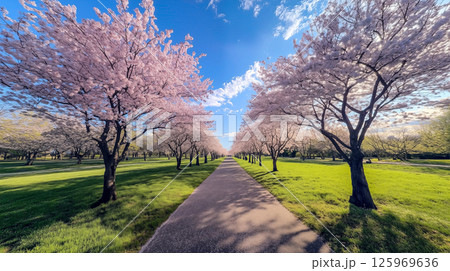 一直線に続く桜並木と静かな春の通り 一直線に続く桜並木と静かな春の通り 125969636