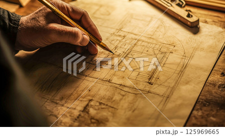ヴィンテージ風の建築設計図を描く手元 125969665
