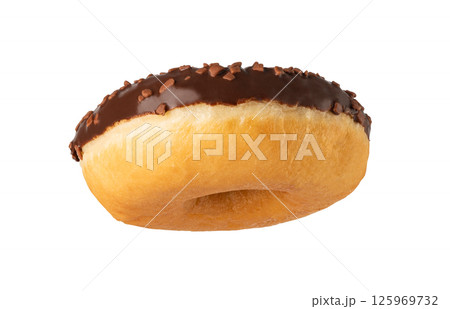Delicious donut with chocolate icing and chocolate sprinkles floating on white background Delicious donut with chocolate icing and chocolate sprinkles floating on white background 125969732
