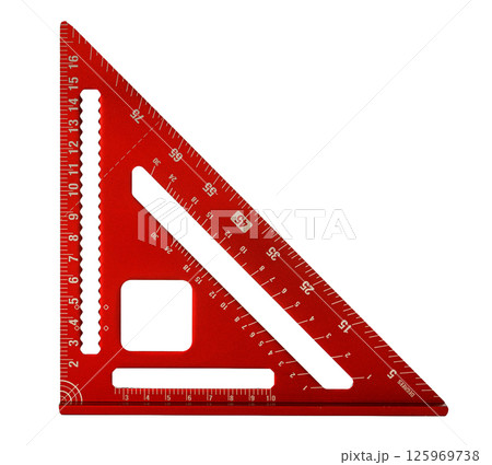 Red aluminum rafter angle square showing inches and degrees for carpentry and construction Red aluminum rafter angle square showing inches and degrees for carpentry and construction 125969738