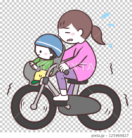 Illustration of a mother staggering around with a child in the front basket 125969827