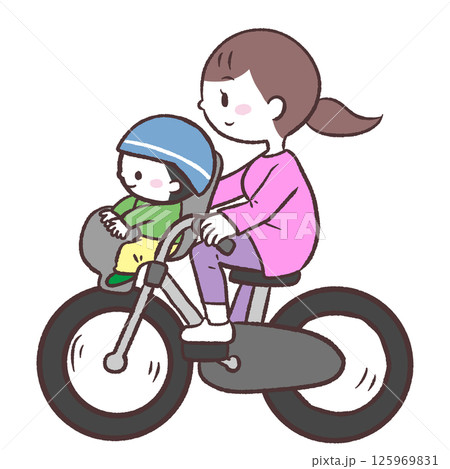 自転車の前かごに子供を乗せて走るお母さんのイラスト 125969831