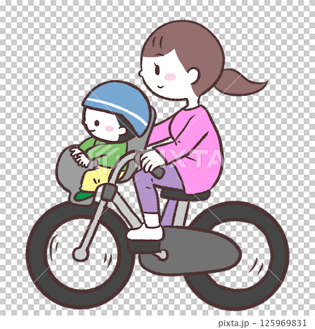 自転車の前かごに子供を乗せて走るお母さんのイラスト 125969831