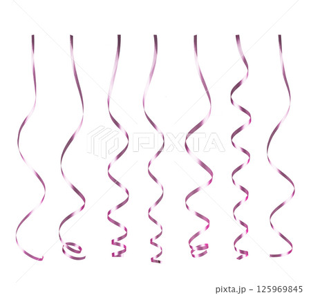 Hanging purple curly ribbons celebrating a festive occasion Hanging purple curly ribbons celebrating a festive occasion 125969845