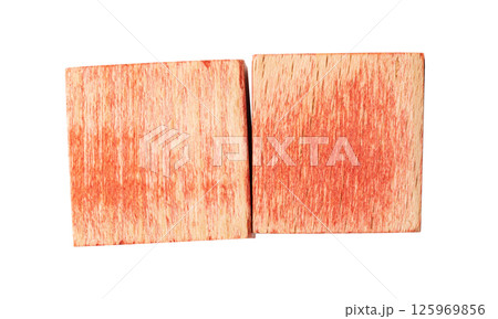 two blank red wooden blocks forming a horizontal line 125969856