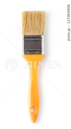 A white paintbrush with a blue handle. The brush is clean and ready to use. 125969906