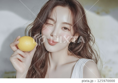 レモンを持ってウインクする可愛い若い女性のポートレート レモンを持ってウインクする可愛い若い女性のポートレート 125970000