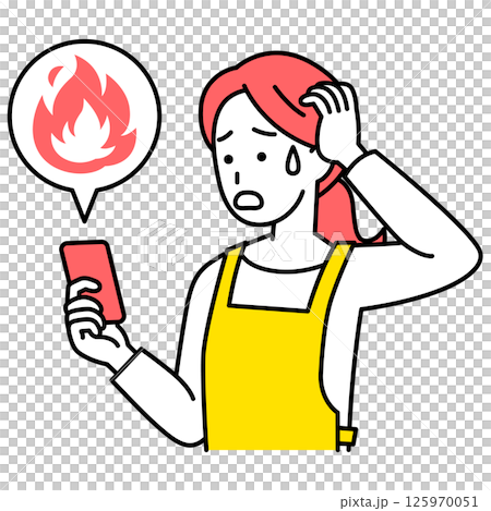 SNSが炎上して困惑しているエプロン姿の女性（スマートフォン） 125970051