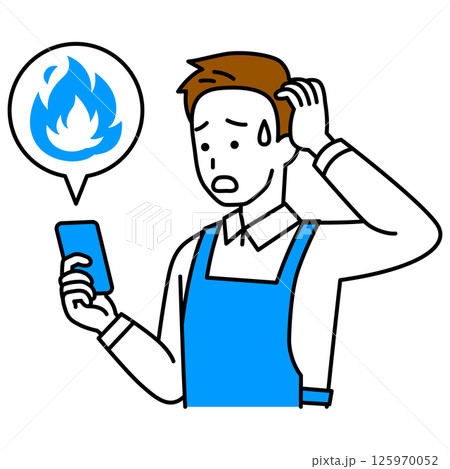 SNSが炎上して困惑しているエプロン姿の男性（スマートフォン） 125970052