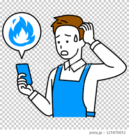 SNSが炎上して困惑しているエプロン姿の男性（スマートフォン） 125970052