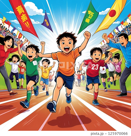 運動会でゴールテープを切る人 125970066