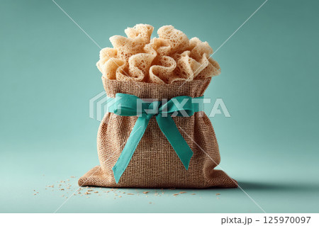 A loofah bag filled with foamy body wash perfect for a luxurious spa experience at home. 125970097