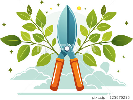 Bright garden pruning scissors with soft highlights trimming lush green leaves, styled in a clean and playful flat design. 125970256