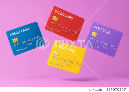 credit cards, debit cards, and bonus cards in levitation. consumer on a lilac, pink background. Gifts for Valentine's Day, woman, Mother's Day and birthday 125970597