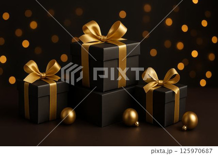 Gifting Elegance, mockup black-themed podium presenting cosmetics as elegant Christmas gifts, combining beauty, festivity, xmas 125970687