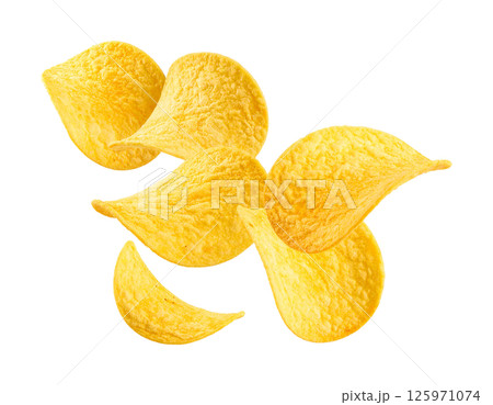 Floating and Flying Crispy Golden Potato Chips 125971074
