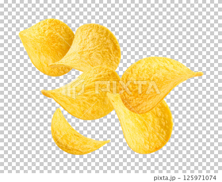Floating and Flying Crispy Golden Potato Chips 125971074