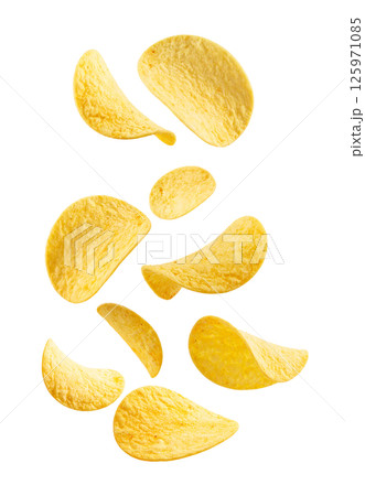 Flying, Floating and Levitating Golden Potato Chips 125971085