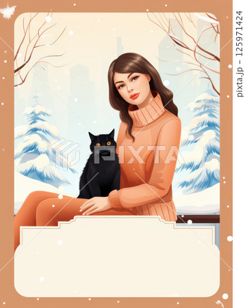 A woman holding her cat, with frosty window patterns behind, capturing the essence of winter comfort and warmth. A woman holding her cat, with frosty window patterns behind, capturing the essence of winter comfort and warmth. 125971424