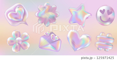 3d holographic retro 90 stickers set. Chrome Envelope, Hashtag, Like, Star, Daisy Flowers, Smile, Heart in Y2K style on gradient template. Future galaxy aesthetic, 3D chrome bubble art. Metal glossy 125971425