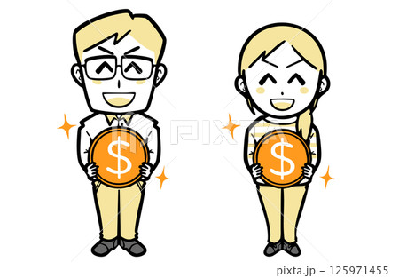 ドルの硬貨を持つ、普段着の若い夫婦 ドルの硬貨を持つ、普段着の若い夫婦 125971455