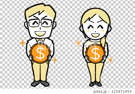 A young couple in casual clothes holding dollar coins 125971455
