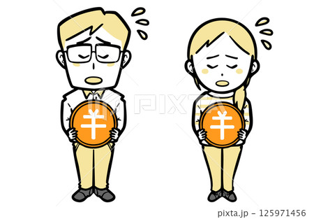 日本円の硬貨を持ち困っている、普段着の若い夫婦 日本円の硬貨を持ち困っている、普段着の若い夫婦 125971456