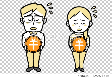 日本円の硬貨を持ち困っている、普段着の若い夫婦 日本円の硬貨を持ち困っている、普段着の若い夫婦 125971456