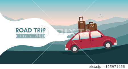 road trip adventure in the wilderness car on mountain landscape vector illustration road trip adventure in the wilderness car on mountain landscape vector illustration 125971466