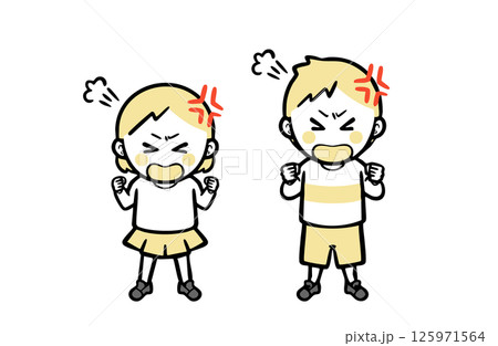 大声で怒る、普段着の男女の子ども 125971564