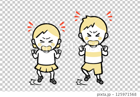 A boy and a girl in casual clothes stomping their feet and making a fuss A boy and a girl in casual clothes stomping their feet and making a fuss 125971568