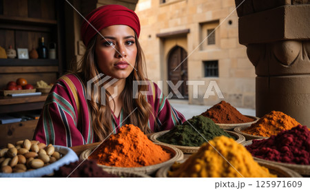 Woman in traditional attire with spices. 125971609