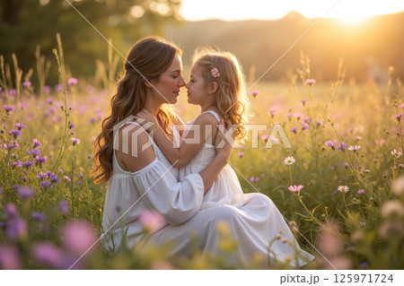 A tender moment between mother and daughter in a flower field at sunset. 125971724