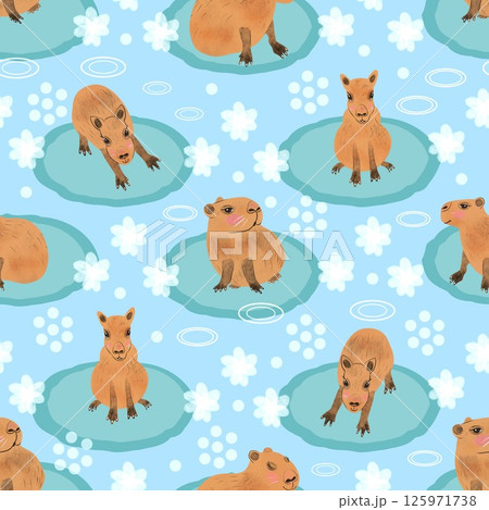 Cute capybara with flowers seamless pattern design on light blue background Cute capybara with flowers seamless pattern design on light blue background 125971738