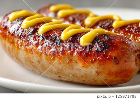Grilled bratwurst sausages with mustard 125971788